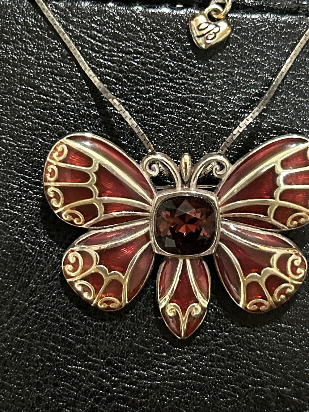 Brighton Silver Butterfly Necklace with Deep Red Enamel and Garnet-Like Stone - Picture 2 of 7
